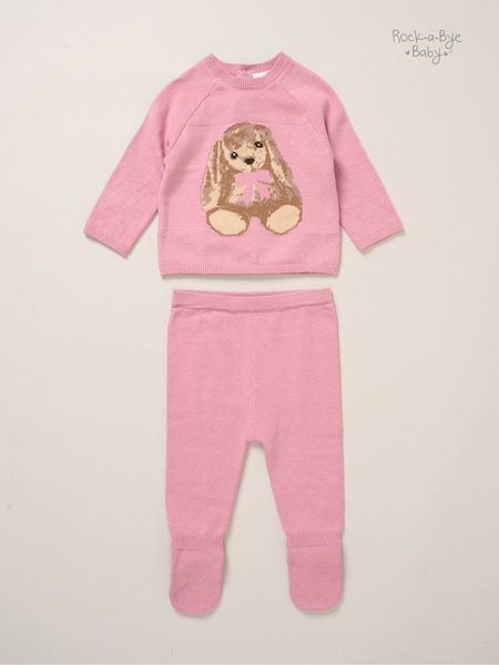 Rock-A-Bye Baby Boutique Pink True Knit Bunny Jumper and Footed Trousers Outfit Set (Y31344) | €32