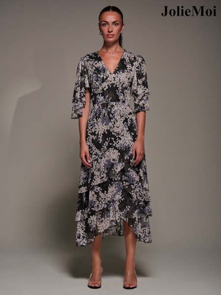 Jolie Moi Black Frill Trim Mesh Maxi Dress (Y31608) | €117
