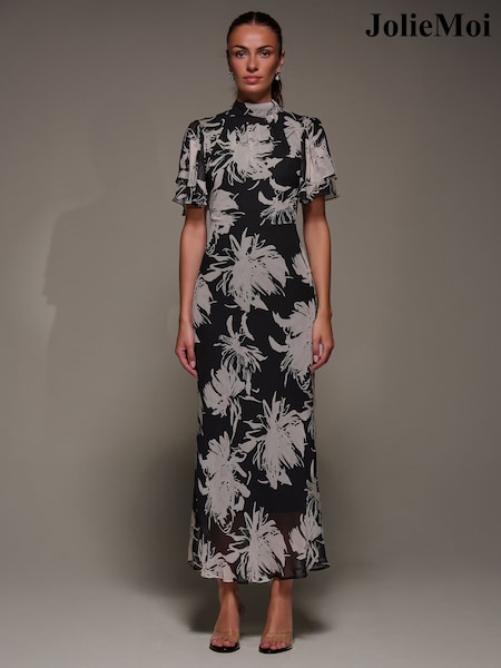 Jolie Moi Black High Neck Angel Sleeve Chiffon Maxi Dress (Y31609) | €99