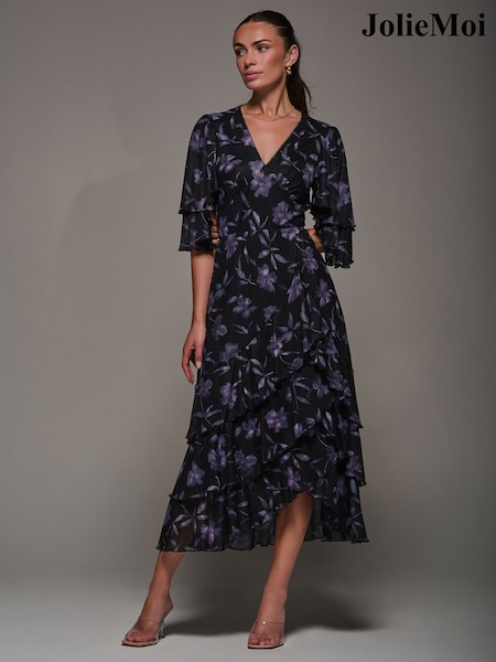 Jolie Moi Black Frill Trim Mesh Maxi Dress (Y31625) | €117