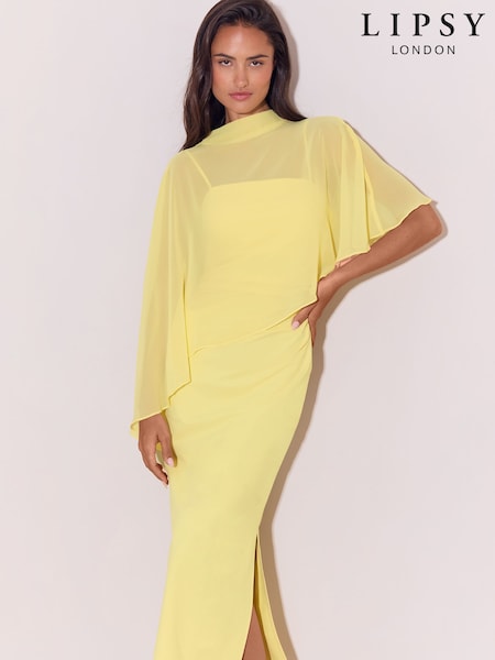 צהוב לימון - Mesh Aysmmetric Cape Maxi Dress