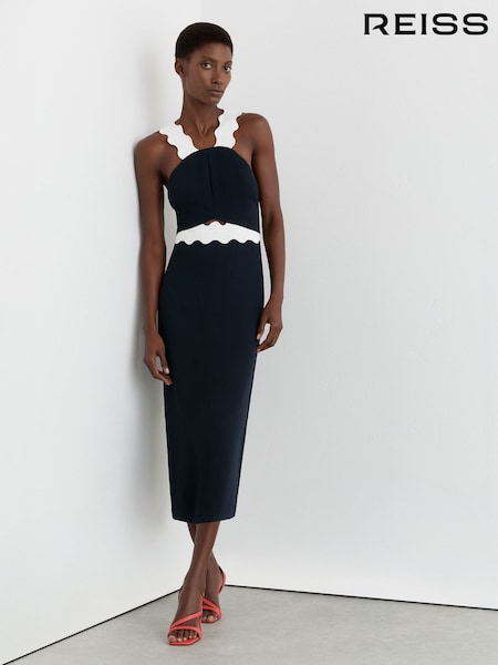 Reiss Navy/Ivory Dillon Contrast Wave-Trim Fitted Midi Dress (Y31806) | AED1,426