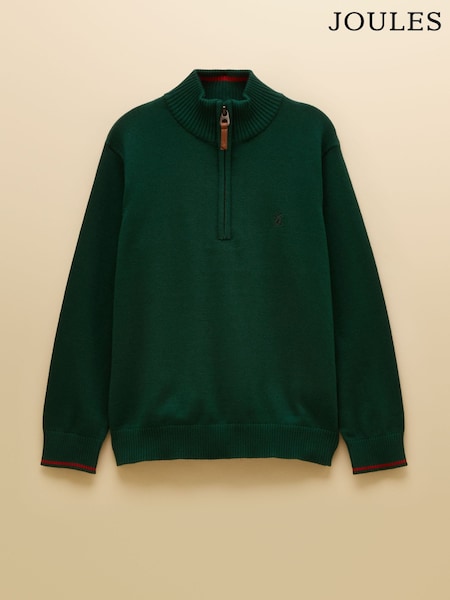 Dark Green - Joules Boys' Hillside Knit Quarter Zip Jumper