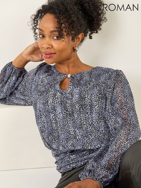 Roman Black Petite Animal Keyhole Buttoned Blouse (Y31905) | €48