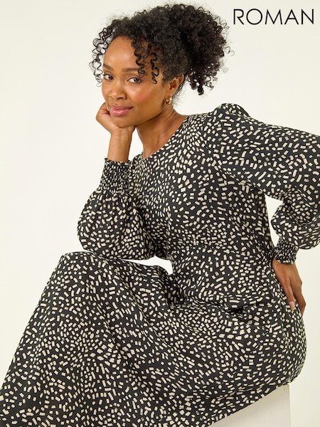Roman Black Print Shirred Midi Dress (Y31911) | €56