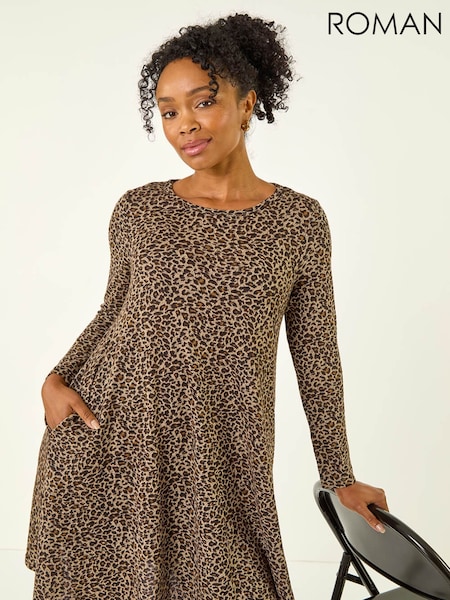 Roman Brown Petite Leopard A-Line Dress (Y31916) | €45