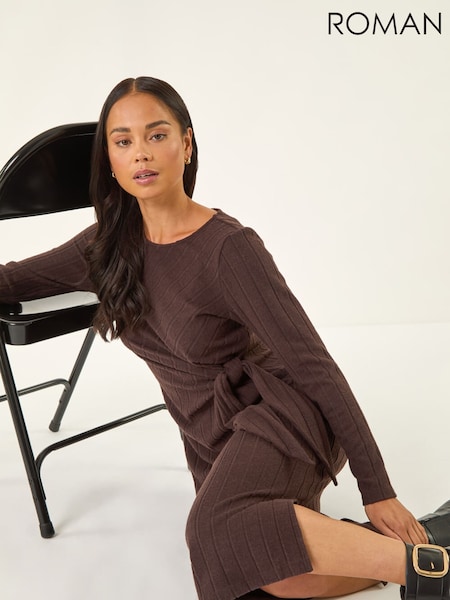 Roman Brown Petite Brushed Tie Waist Stretch Midi Dress (Y31923) | €53