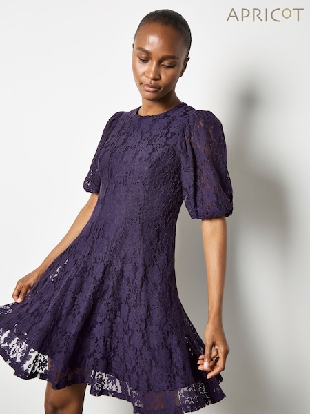 Apricot Purple Floral Lace Puff Sleeve Dress (Y32178) | €51