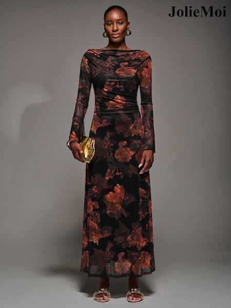Jolie Moi Orange Long Sleeve Slash Neck Maxi Dress (Y32196) | €106