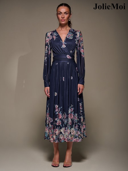 Jolie Moi Blue Long Sleeve Printed Mesh Midaxi Dress (Y32203) | €118