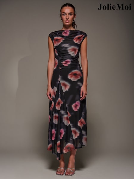 Jolie Moi Black Slash Neck Ruched Mesh Maxi Dress (Y32207) | €99