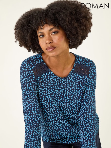 Roman Blue Printed Lace Stretch Blouse (Y32215) | €51