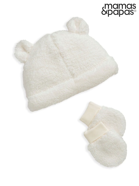 Mamas & Papas Cream Borg Hat & Mittens Set  with 3D Bear Ears (Y32330) | €22.50