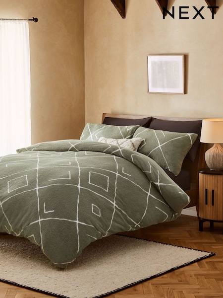 Sage Green Printed Fleece Duvet Cover and Pillowcase Set (Y32534) | €10 - €21.50