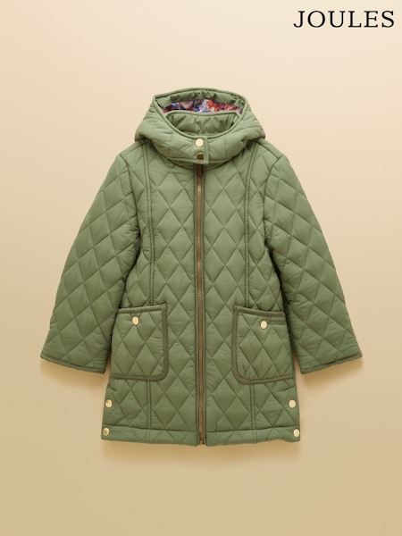 Khaki Green - Joules Girls' Marsdale Showerproof Quilted Longline Coat