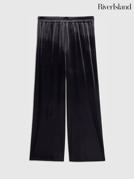 River Island Black Petite Velvet Wide Leg Joggers (Y33464) | AED210