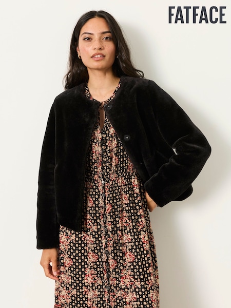 أسود - Fatface Faux Fur Jacket