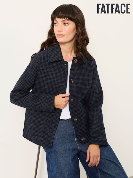 Navy - Fatface 100% Wool Short Check Jacket