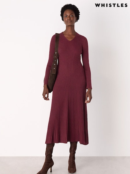 Whistles Red V-Neck Cable Ribbed Knit Dress (Y33640) | €178