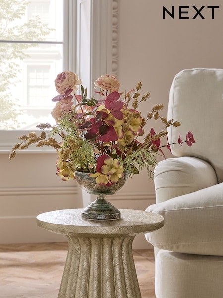 Artificial Foliage Arrangement In Footed Metal Bowl