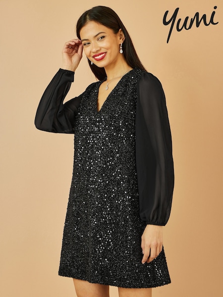 Yumi Black Sequin Tunic With Tie Back And Sheer Sleeves (Y33840) | €83