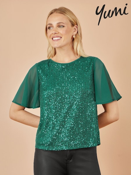 Yumi Green Sequin Top With Sheer Sleeves And Cut Out Back (Y33855) | €58
