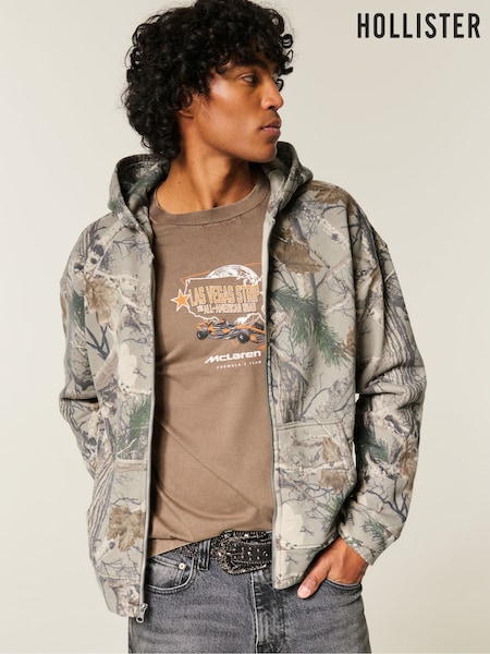 Hollister Grey Camo Print Logo Zip Through Hoodie (Y33862) | €53