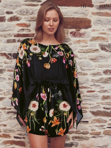 কালো ফুলের  - B By Ted Baker Beaded Beach Black Floral Playsuit