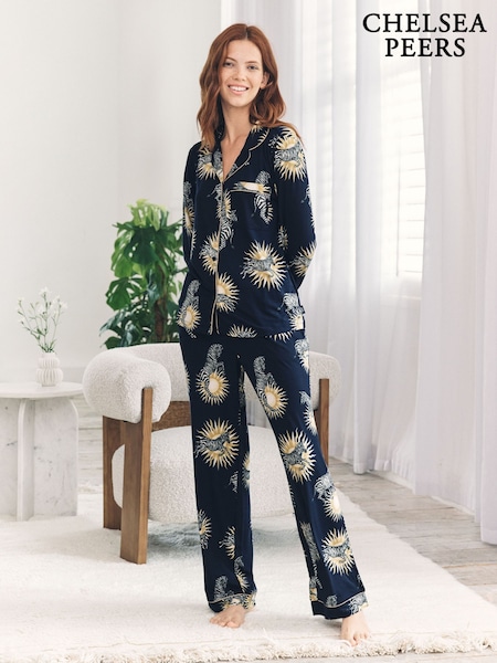 Chelsea Peers Blue Sunburst Zebra Print Long Pyjamas Set (Y34066) | €58