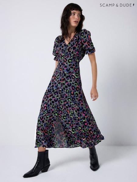 SCAMP & DUDE Grey Flute Sleeve Midi Tea Dress with Leopard & Lightning Bolt (Y34077) | R$ 1.085