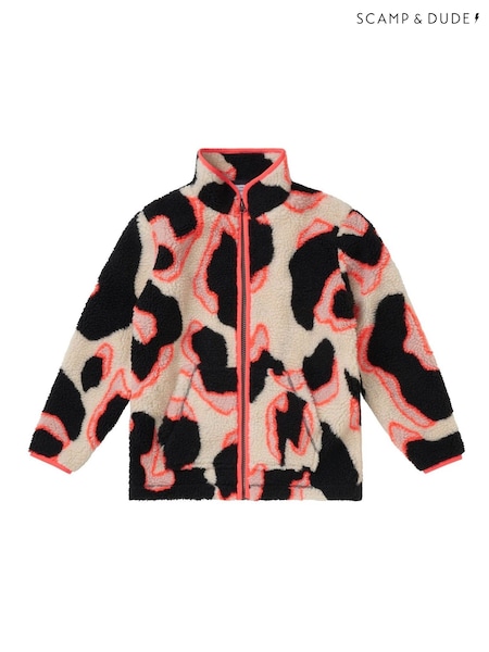 SCAMP & DUDE Cream Kids Funnel Neck Button Through Fleece Jacket Mega Shadow Leopard & Lightning Bolt (Y34099) | AED303 - AED314