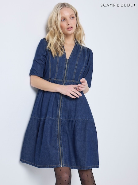 SCAMP & DUDE Blue Denim Zip Front Short Tiered Dress (Y34100) | R$ 1.135