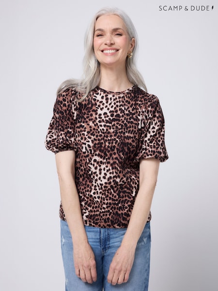 SCAMP & DUDE Natural Puff Sleeve T-Shirt Wild Leopard (Y34102) | R$ 445