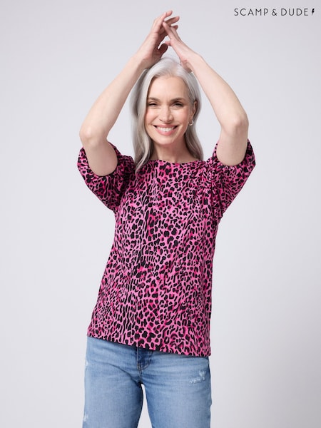 SCAMP & DUDE Pink Puff Sleeve T-Shirt Wild Leopard and Lightning Bolt (Y34107) | R$ 295