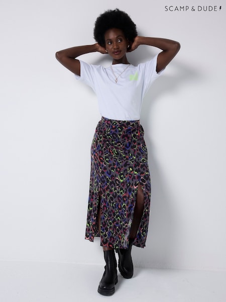 SCAMP & DUDE Grey Split Front Skirt with Leopard & Lightning Bolt (Y34108) | R$ 690