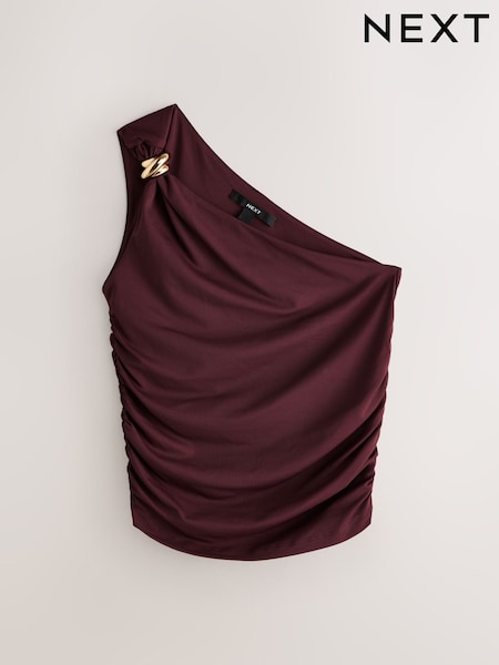 Burgundy Red Soft Touch Slinky Nylon One Shoulder Hardware Top (Y34335) | €33.50