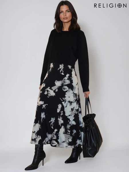 Religion Black 2 in 1 Fay Dress In Abstract Blossom Print With Knitted Crop Jumper Attached (Y34362) | €133