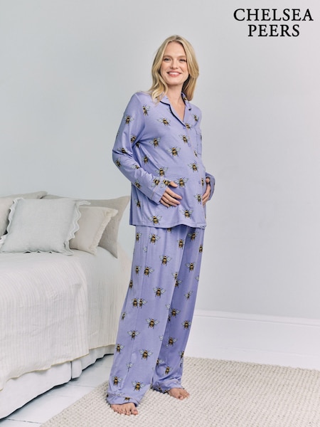 Chelsea Peers Purple Maternity TENCEL™ Modal Bee Print Long Pyjamas Set Lilac (Y34461) | 301 QAR