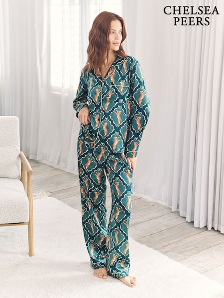 Chelsea Peers Green Satin Gilded Tiger Print Long Pyjamas Set (Y34471) | AED320