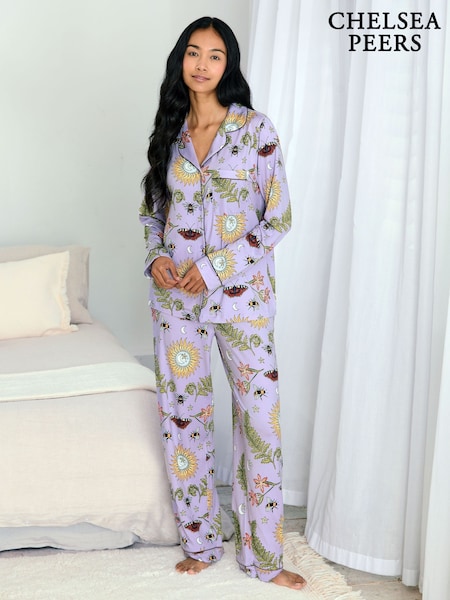 Chelsea Peers Purple Moonlit Forest Print Long Pyjamas Set (Y34550) | AED262