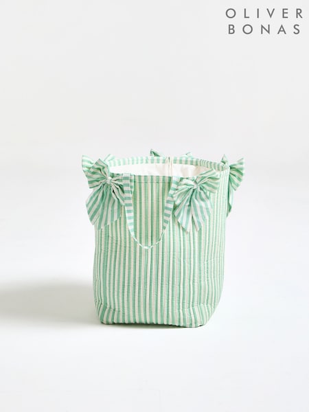 Oliver Bonas Green Lumu Striped Bow Laundry Basket (Y34660) | €54