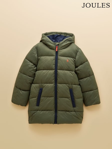 Khaki Green - Joules Boys' Long Cairn Showerproof Padded Coat
