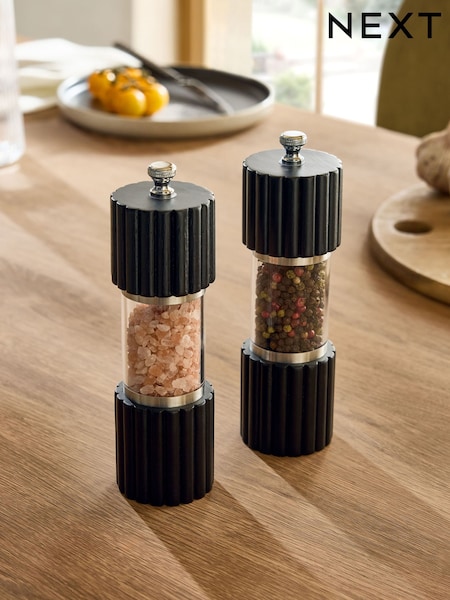 Set Of 2 Wood Ribbed Filled Salt And Pepper Grinders
