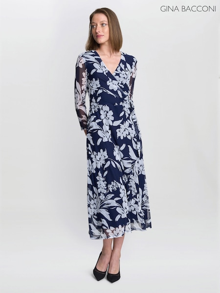 Gina Bacconi Blue Jan Floral Chiffon Wrap Midi Dress (Y34837) | 693 QAR