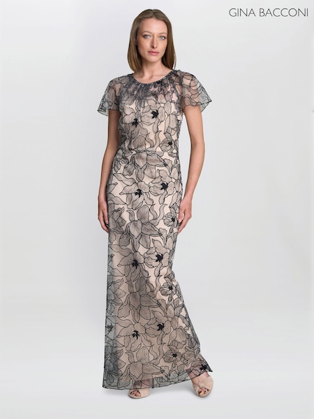 Gina Bacconi Marie-Claire Floral Embroidered Mesh Maxi Black Dress (Y34848) | €464