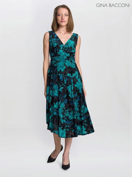 Gina Bacconi Beth Floral Midi Black Dress (Y34859) | R$ 1.580