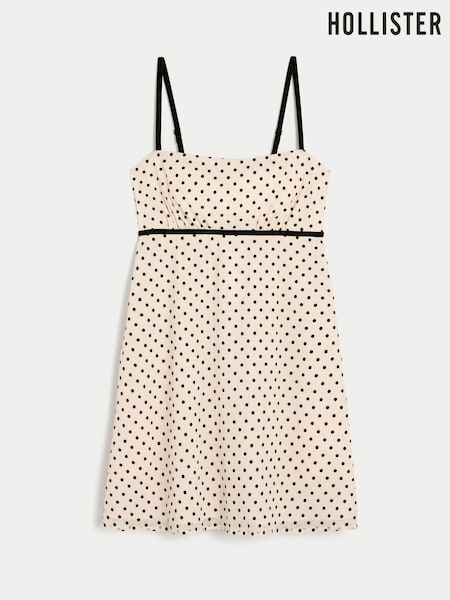 أبيض - Flocked Polka Dot Chiffon Babydoll White Mini Dress (Y35152) | 208 ر.ق.