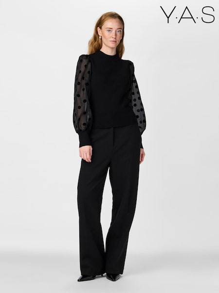 Y.A.S Polka Dot Mesh Sleeve Knitted Long Sleeve Black Top (Y35178) | 78 €
