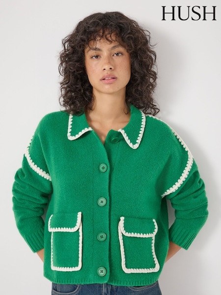 Hush Green Wool Blend Whipstitch Trim Shirt Jacket (Y35415) | €173