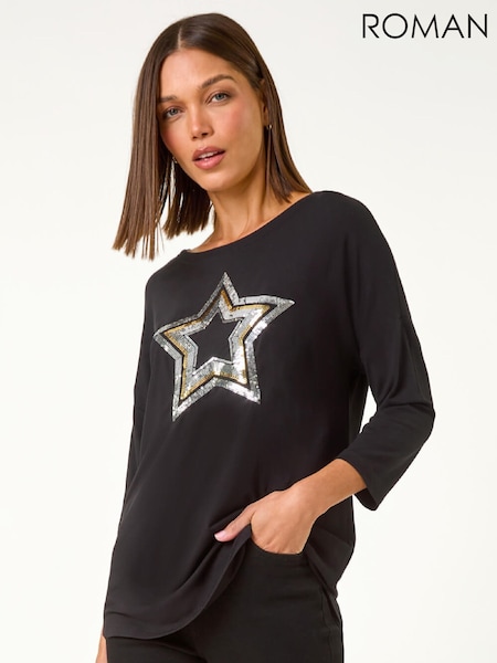 Roman Metallic Embelished Sequin Star Stretch Blouse (Y35452) | €64